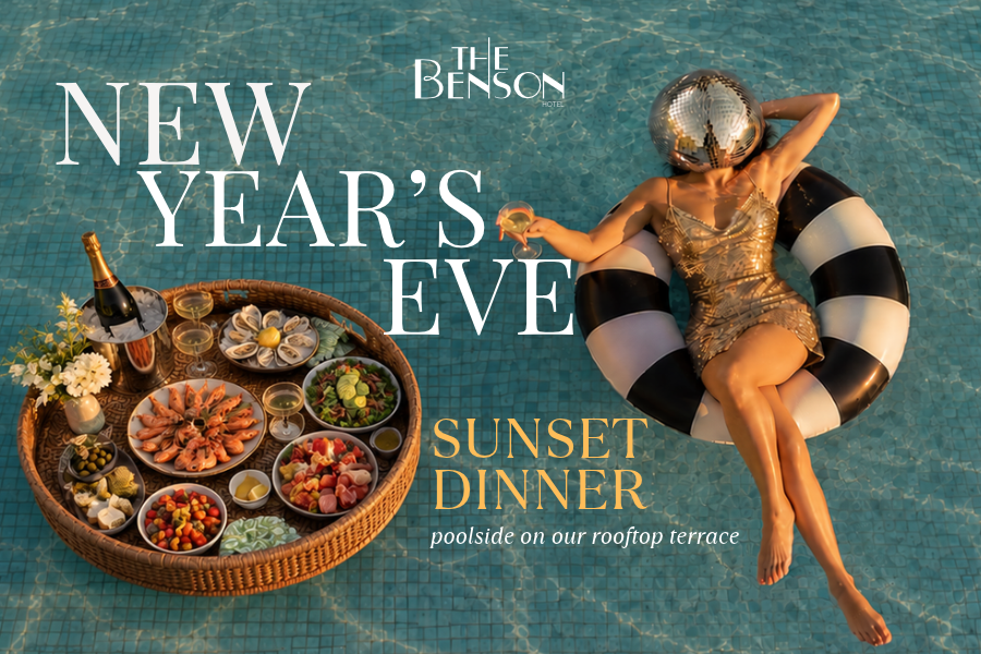 Lady floating in a pool with a disco ball for a head, and a delicious food platter floating on a basket next to hear. Text reads 'New Years Eve Sunset Dinner'